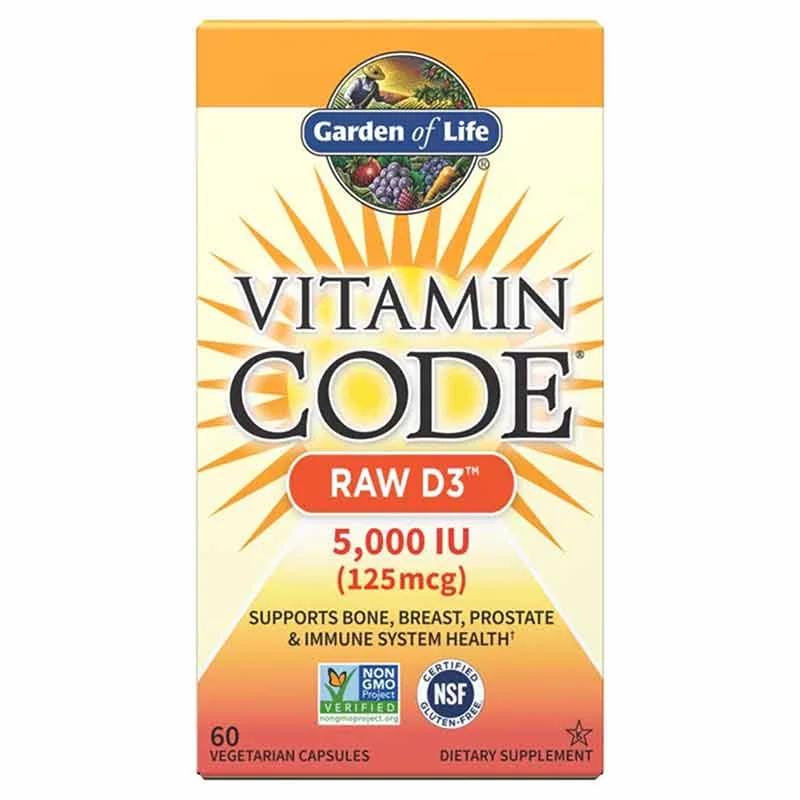Garden of Life Vitamin Code Raw D3, 5,000 IU box, as shown on the product's retail listing