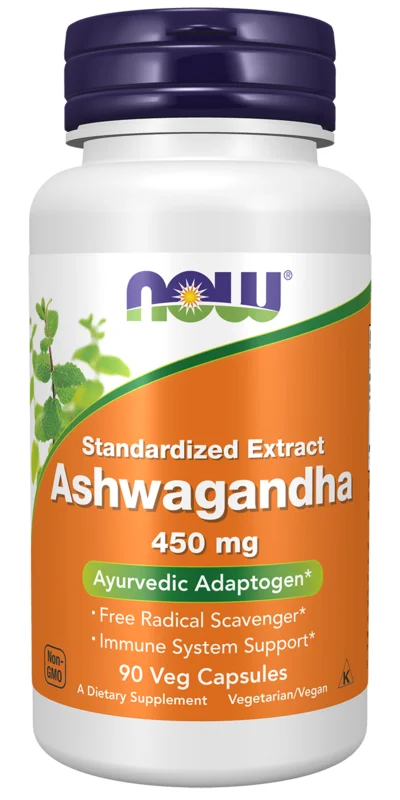NOW Foods Ashwagandha 450 mg Standardized Extract, 90 Veg Capsules bottle, as shown on the manufacturer's own site
